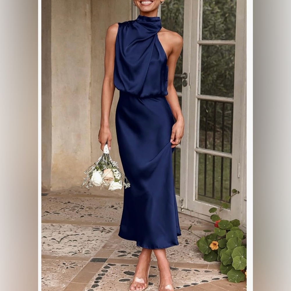 NWT navy blue asymmetrical blousy high neck midi dress S